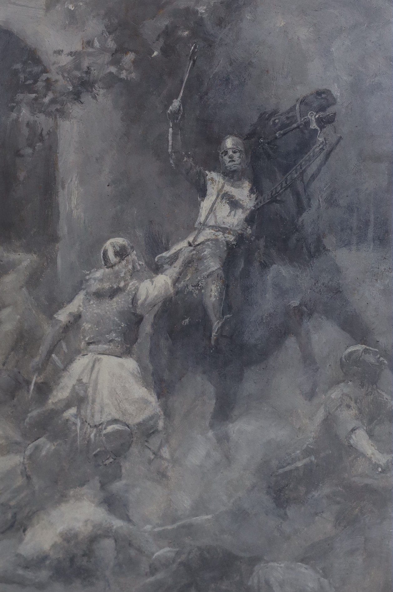 Original Artwork - Percy Tarrant (1879-1930) - A set of four en grisaille illustrations for The Twenty-five Swordsmen, by Escott Lynn, signed monograms, 19 x 13cms., framed, together with a copy of the book, circa 1905 (